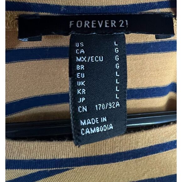 Forever 21 3/4 Sleeve Yellow and Blue Striped Stretchy T-Shirt - Picture 2 of 3